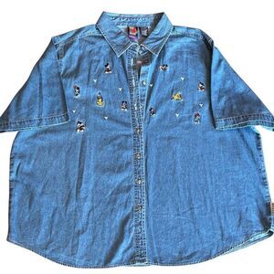 Mickey Unlimited Disney Embroidered Mickey, Minnie, Pluto Short Sleeve denim shi